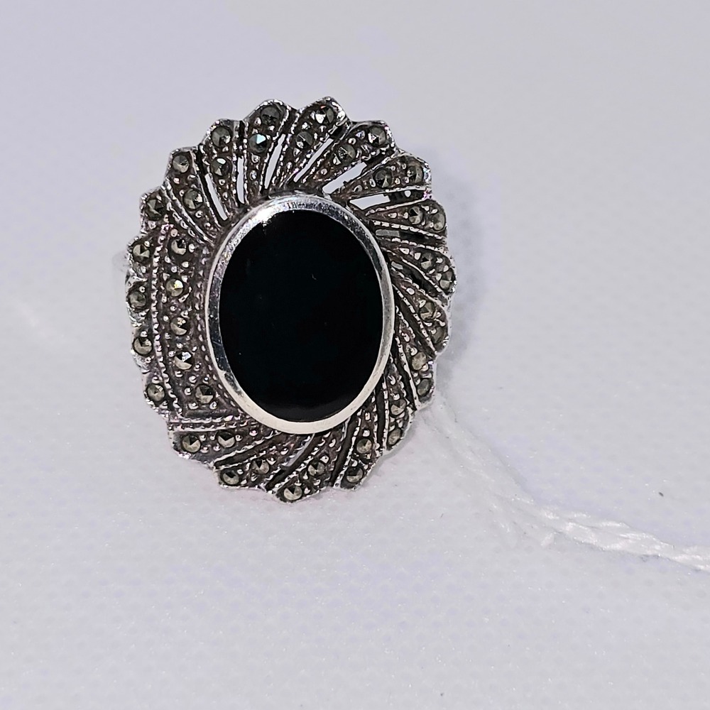 Vintage Sterling Silver Black Onyx Marcasite Halo Ring 925 Size 9